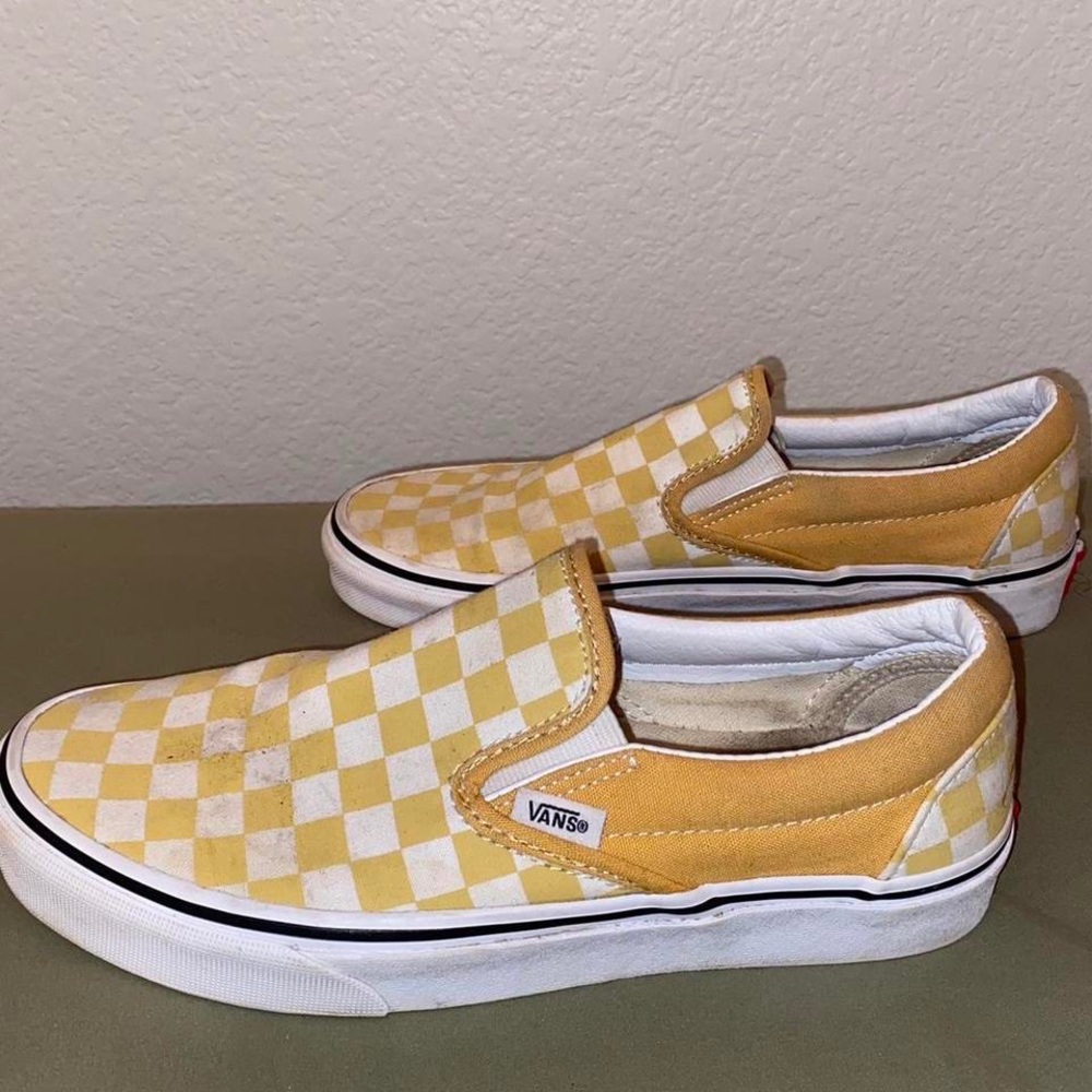 Vans yellow (flax/true white)checkerboard slip on vans Womens 8
